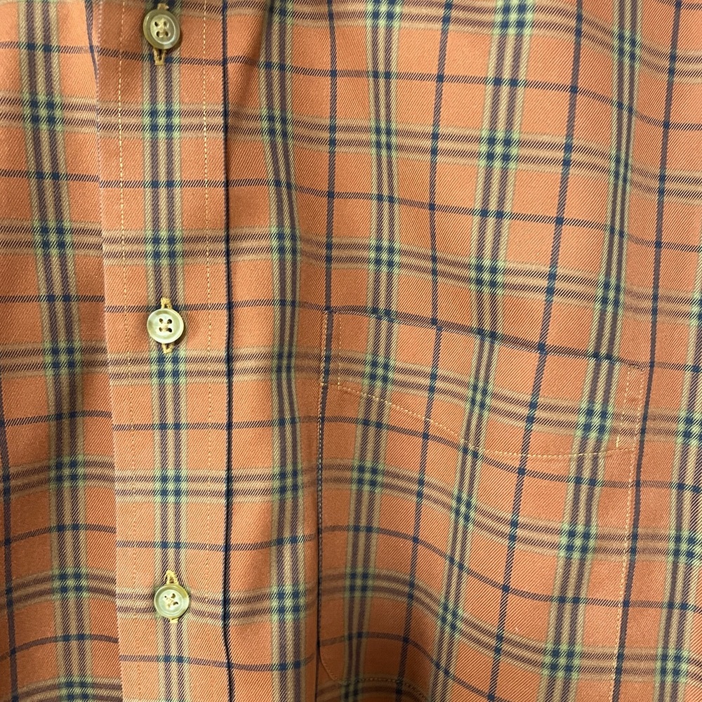 Allen Edmonds Orange Blue Green Plaid 100% Cotton No-Iron Button Down Shirt Sz L - Picture 5 of 5